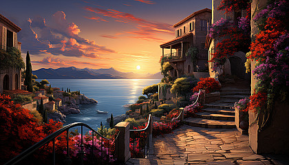 Mediterranean coastal village at sunset, whitewashed houses, terracotta roofs, azure sea, and winding streets with flowering vines.