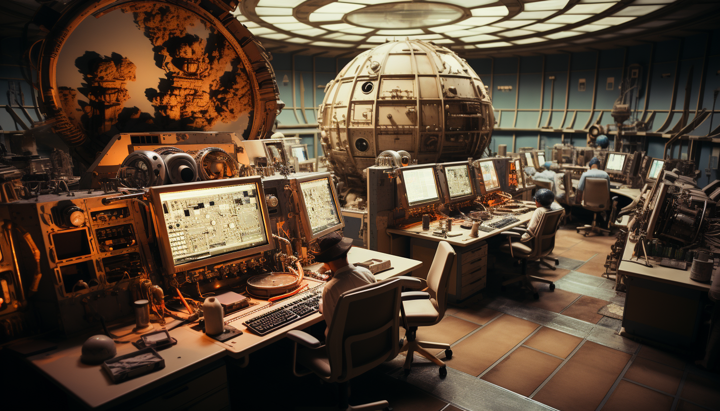 Apollo-era NASA mission control room, with vintage computers, large control panels, engineers at work, and a giant screen showing the moon.