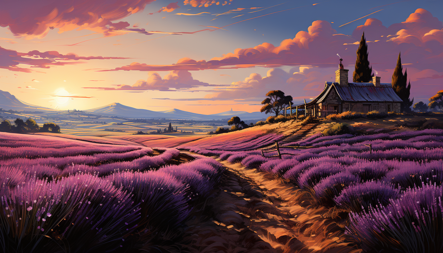 Lavender fields at dawn, with rows of purple blooms, a rustic farmhouse in the distance, and bees buzzing around.