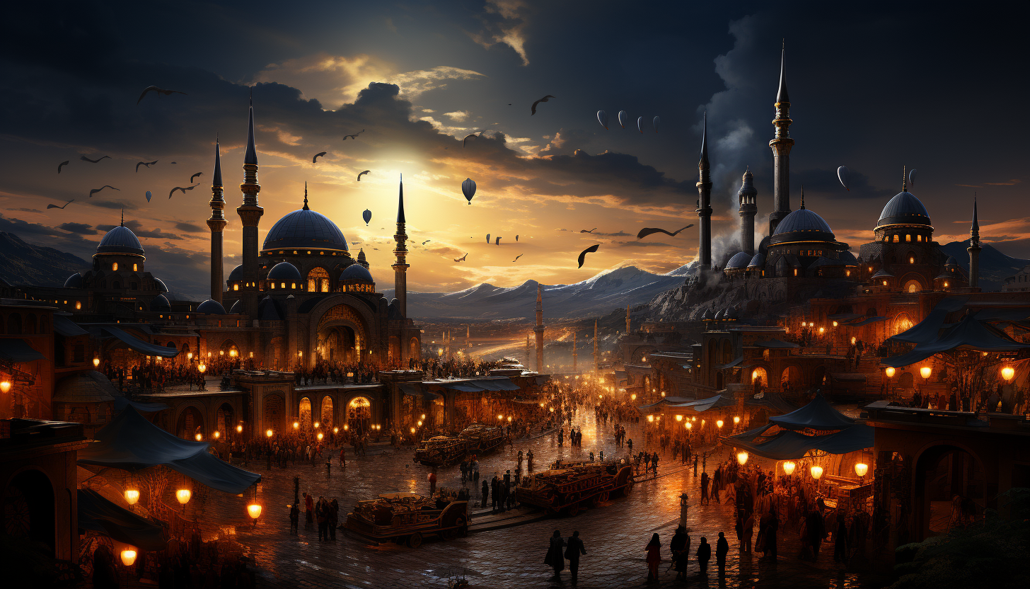 Traditional Arabian bazaar at dusk, with spice stalls, flying carpets, oil lamps, and a bustling crowd in a desert city.