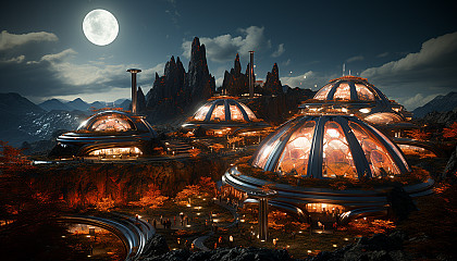 A futuristic Martian colony under a dome, with red rocky landscapes, advanced habitats, astronauts exploring, and Earth visible in the sky.