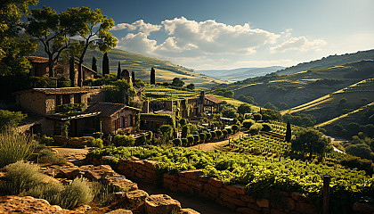 Rustic vineyard at golden hour, rolling hills of grapevines, a quaint stone farmhouse, and workers harvesting grapes.