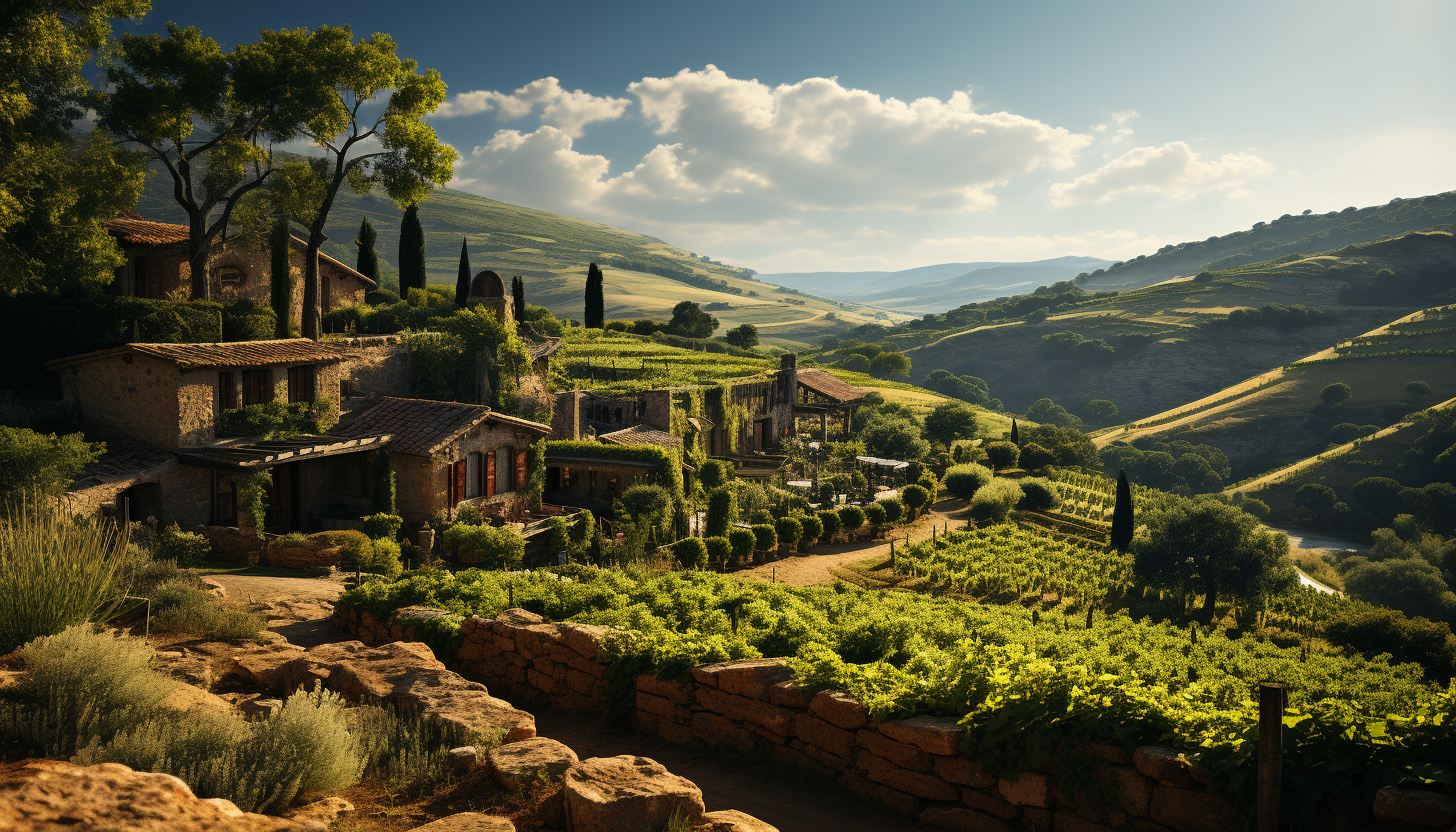 Rustic vineyard at golden hour, rolling hills of grapevines, a quaint stone farmhouse, and workers harvesting grapes.