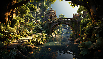 Lush rainforest with a hidden waterfall, exotic birds, vibrant flora, a meandering river, and a wooden suspension bridge.