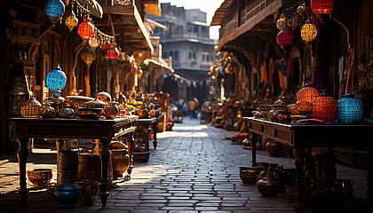 Vibrant Indian bazaar, filled with colorful fabrics, spices, jewelry, bustling crowds, and ornate architecture.