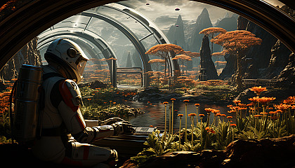 Futuristic greenhouse on Mars, with advanced agriculture technology, a variety of alien plants, and astronauts tending to the crops.