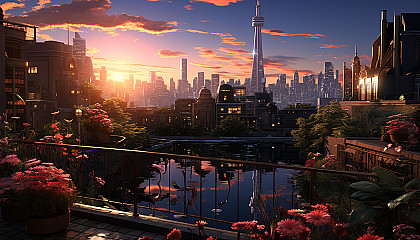 Rooftop garden in a modern city at sunset, with an array of flowers, a small pond, twinkling fairy lights, and skyscrapers in the background.