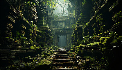 An ancient temple hidden in a lush jungle, with mysterious carvings, overgrown foliage, and a sense of forgotten history.