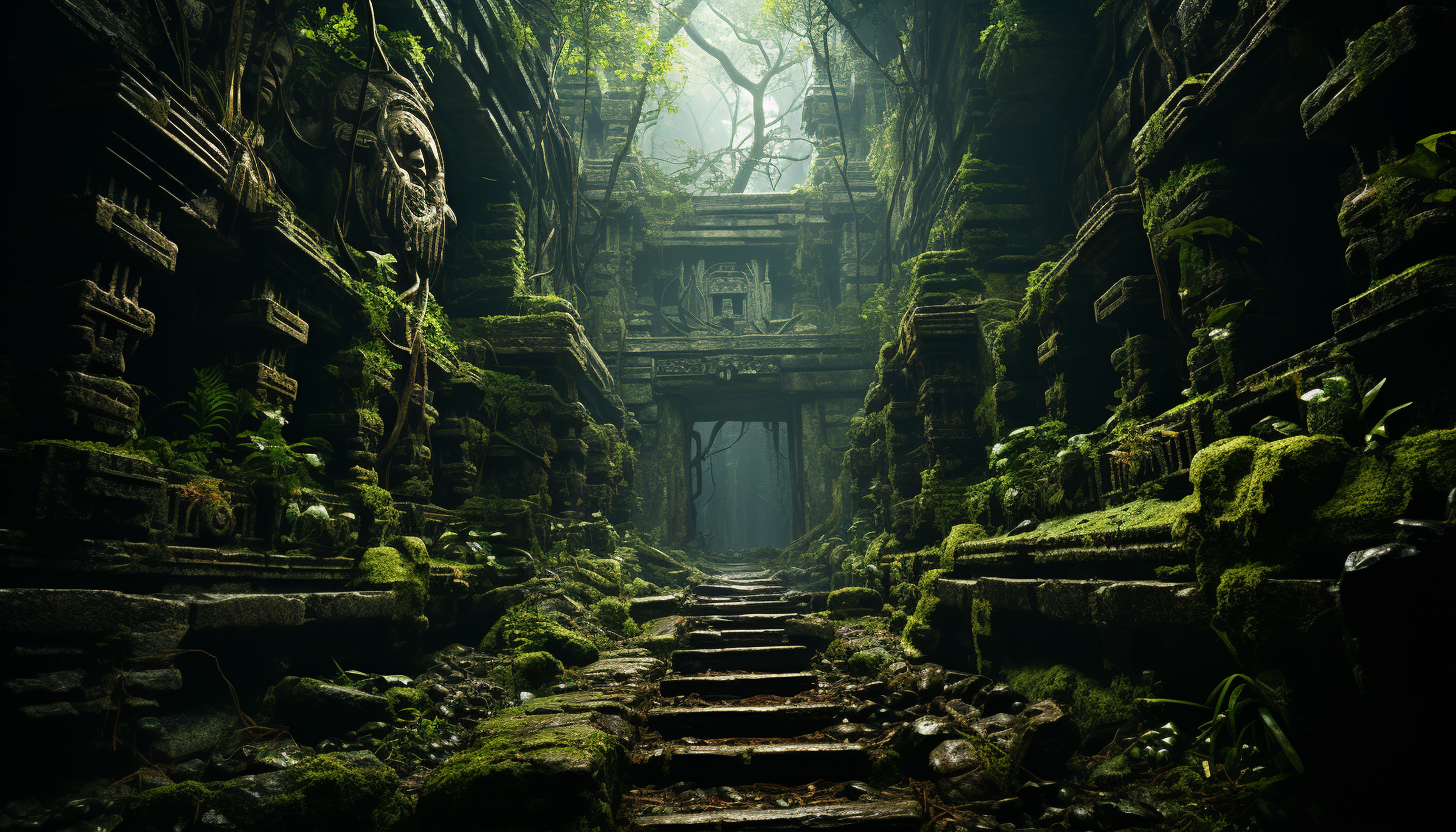 An ancient temple hidden in a lush jungle, with mysterious carvings, overgrown foliage, and a sense of forgotten history.