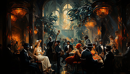 Roaring 1920s jazz club, with musicians on stage, flapper dancers, art deco decor, and an animated crowd.