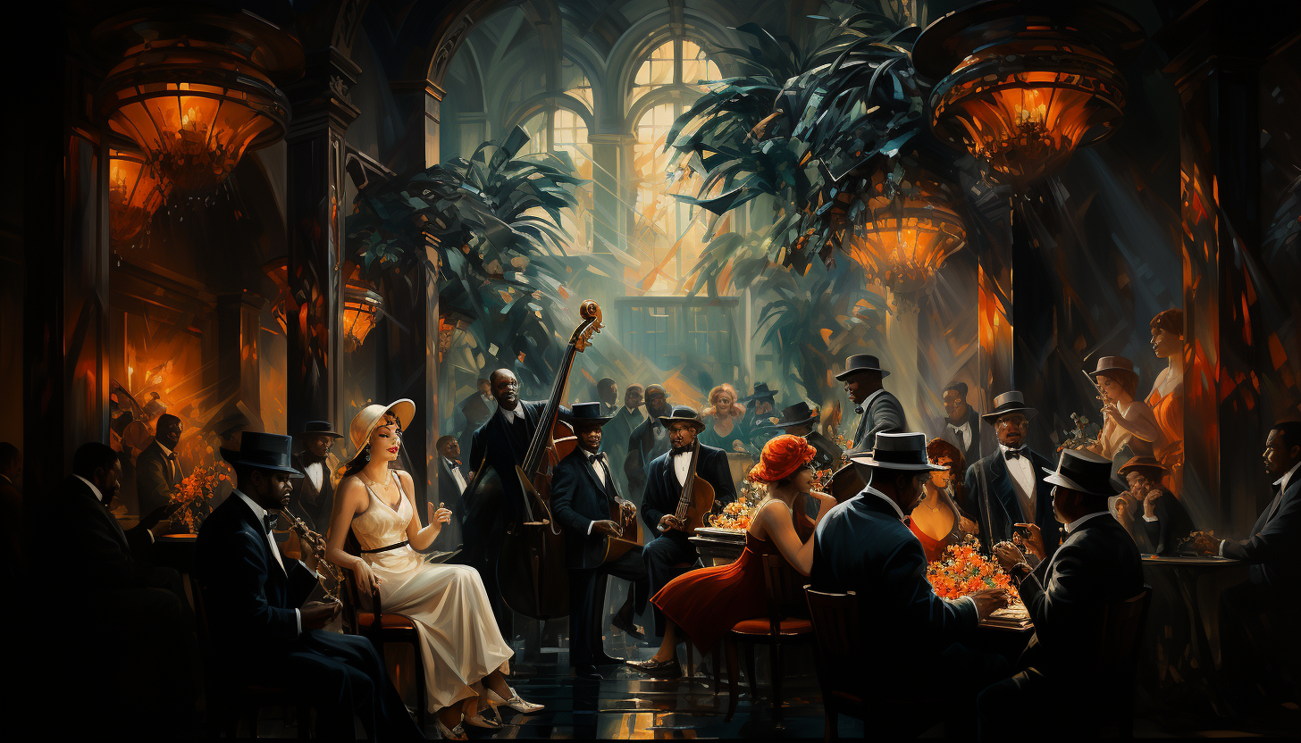 Roaring 1920s jazz club, with musicians on stage, flapper dancers, art deco decor, and an animated crowd.