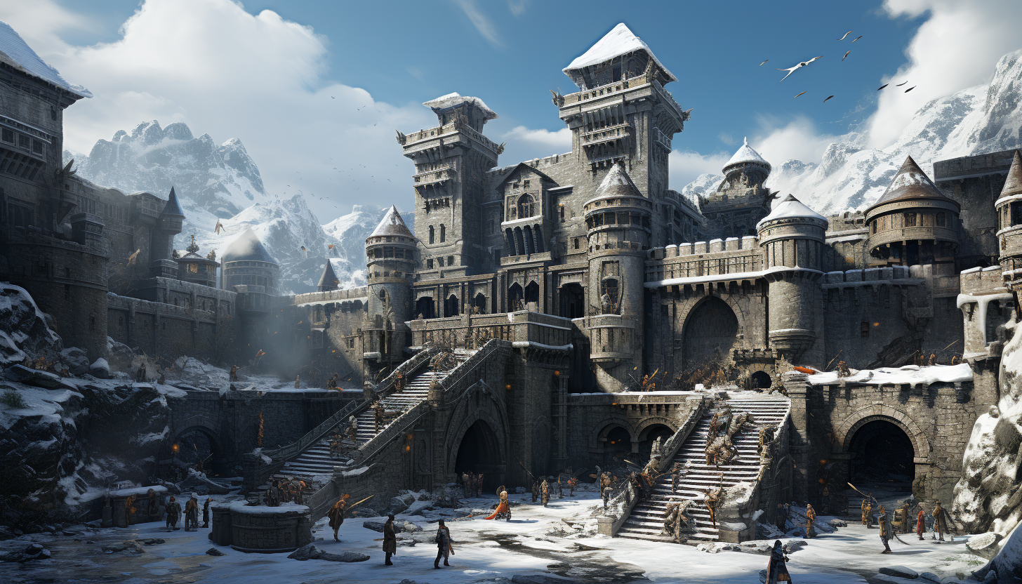 Medieval castle during a winter snowfall, with knights on horseback, a bustling courtyard, and snow-covered turrets.