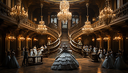Lavish royal ballroom, with elegant dancers, an ornate chandelier, grand staircase, and portraits of nobility on the walls.