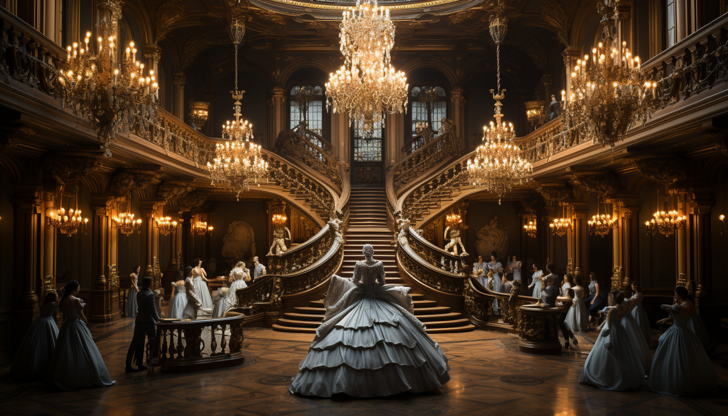 Lavish royal ballroom, with elegant dancers, an ornate chandelier, grand staircase, and portraits of nobility on the walls.