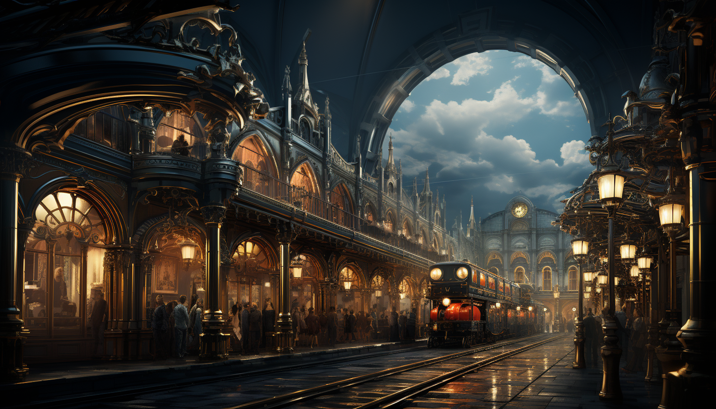 Victorian-era train station, with steam locomotives, elegantly dressed passengers, clock tower, and vintage luggage.