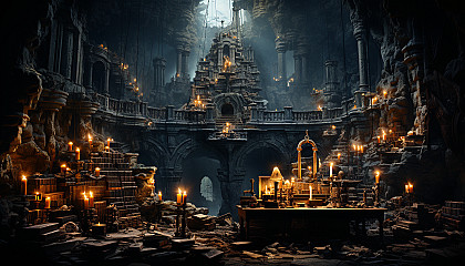 Ancient library in a hidden cave, filled with scrolls and books, dimly lit by candles, and a mysterious figure reading at a wooden desk.