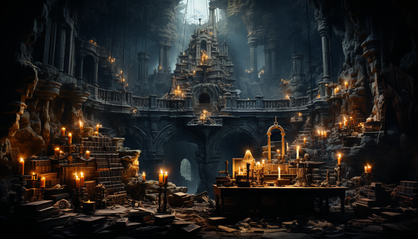 Ancient library in a hidden cave, filled with scrolls and books, dimly lit by candles, and a mysterious figure reading at a wooden desk.