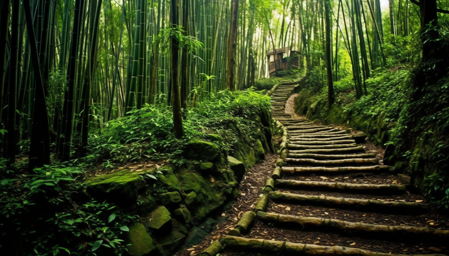 A rugged path winding through a dense bamboo forest.