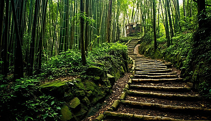 A rugged path winding through a dense bamboo forest.