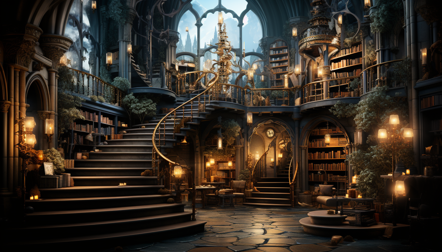 Magical library with towering bookshelves, floating books, enchanted artifacts, and a grand spiral staircase.