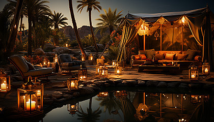 Desert oasis at night, with a clear, star-filled sky, palm trees, a tranquil pond, and nomadic tents glowing from lantern light.