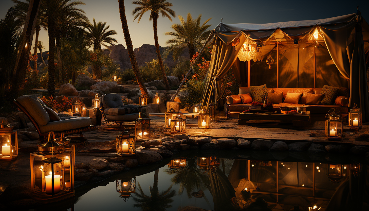 Desert oasis at night, with a clear, star-filled sky, palm trees, a tranquil pond, and nomadic tents glowing from lantern light.