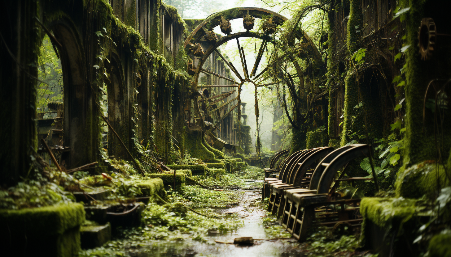 Abandoned amusement park overgrown with nature, rusty roller coasters, a Ferris wheel, and a hauntingly beautiful atmosphere.