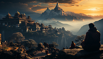 Peaceful monastery in the Himalayas, with monks in meditation, colorful prayer flags, and a panoramic mountain backdrop.