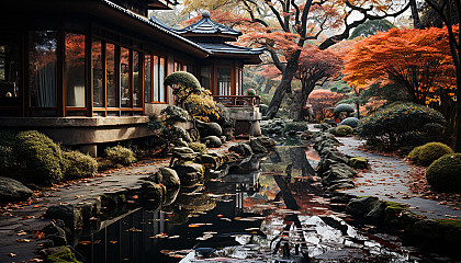 Tranquil Japanese tea garden in autumn, with a wooden teahouse, stone paths, maple trees in fall colors, and a gentle stream.