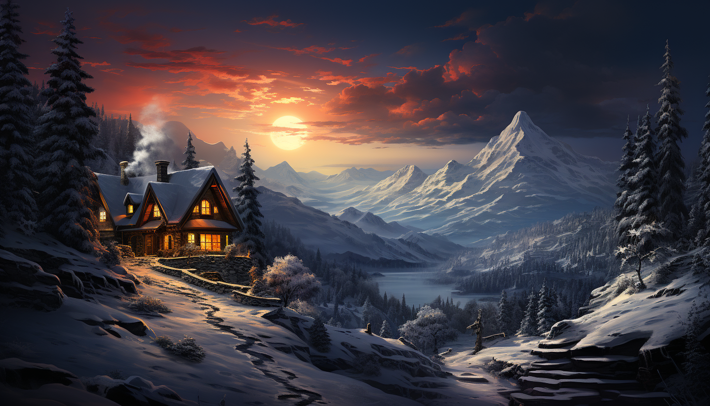 Tranquil alpine cabin in winter, surrounded by snow-covered pine trees, smoke rising from the chimney, and northern lights in the sky.