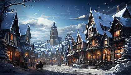 Magical winter village during Christmas time, with snow-covered cottages, a large Christmas tree, and villagers enjoying festivities.