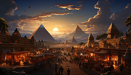 Ancient Egyptian marketplace beside the pyramids, bustling with traders, camels, and artifacts, under a scorching desert sun.