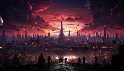 Dystopian cityscape at dusk, with towering skyscrapers, holographic advertisements, a bustling crowd with futuristic fashion, and drones flying overhead.