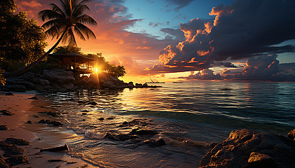 Vibrant Caribbean beach at sunset, with crystal clear water, palm trees, a hammock, and a small boat floating near the shore.