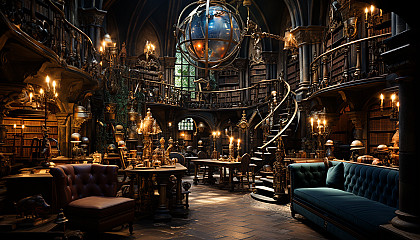 Ancient library with towering bookshelves, mystical artifacts, hidden passageways, and a grand, globe-lit reading room.