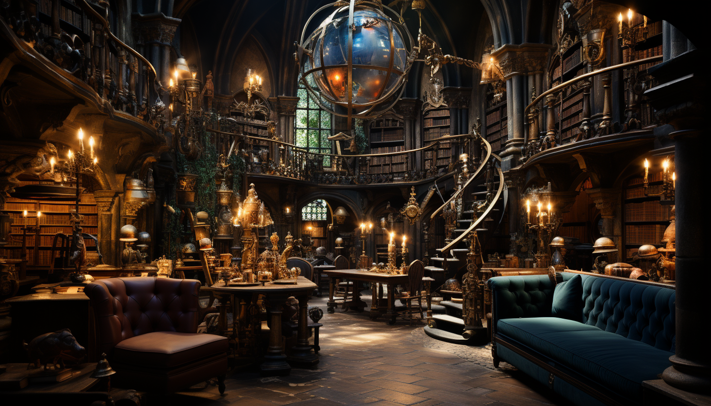 Ancient library with towering bookshelves, mystical artifacts, hidden passageways, and a grand, globe-lit reading room.