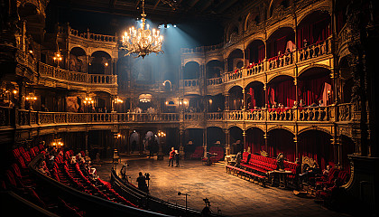 Grand opera house interior during a performance, with opulent red velvet curtains, golden balconies, and an audience in period attire.