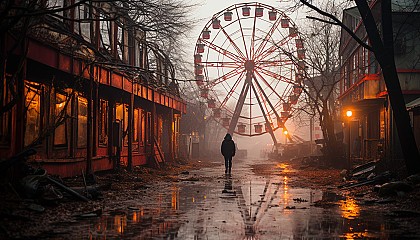 Abandoned amusement park at dawn, with overgrown rides, a still Ferris wheel, and a misty, eerie atmosphere.