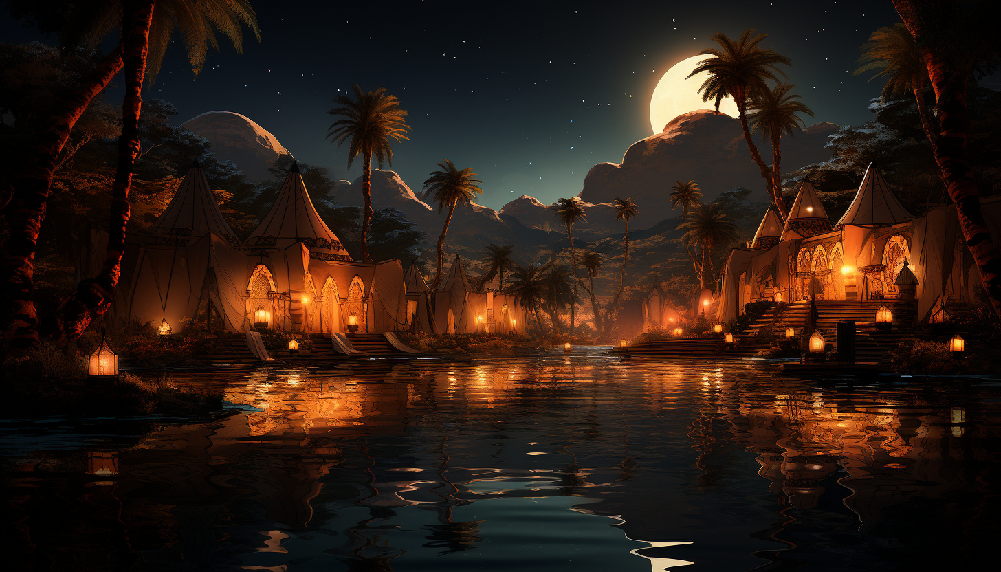 Oasis in the desert at night, featuring a tranquil pool, palm trees, starry sky, and Bedouin tents with flickering lanterns.