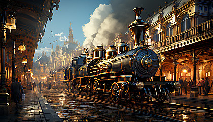 Victorian-era train station, with steam locomotives, elegantly dressed travelers, and period-specific details like gas lamps and wrought iron benches.