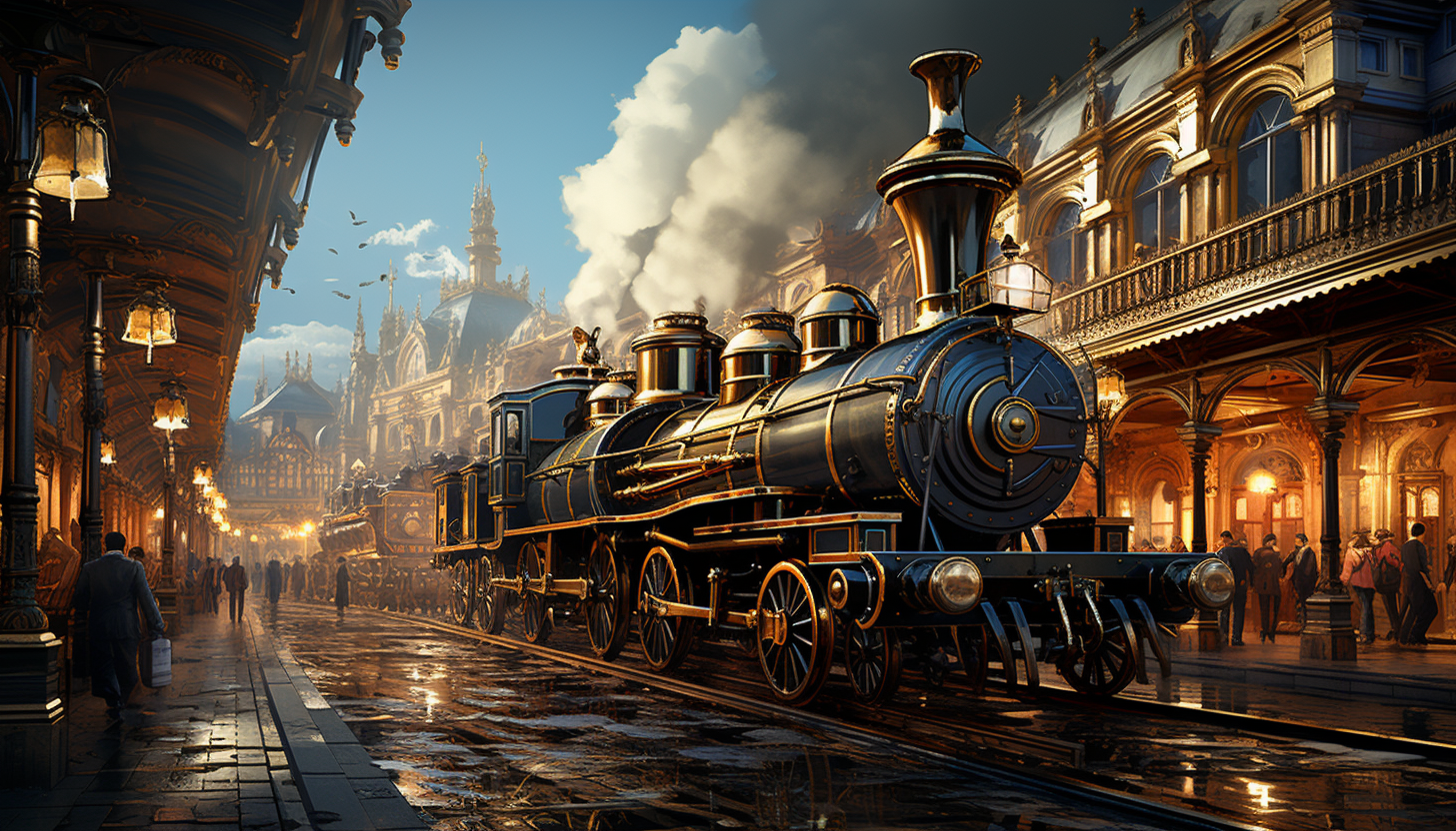 Victorian-era train station, with steam locomotives, elegantly dressed travelers, and period-specific details like gas lamps and wrought iron benches.