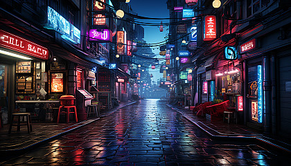 Futuristic cyberpunk alleyway, neon signs in various languages, shadowy figures, and high-tech gadgets.