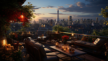 Rooftop garden in a bustling city at sunset, with flowering plants, comfortable seating, twinkling fairy lights, and skyscrapers in the background.