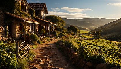 Lush vineyard at golden hour, with rows of grapevines, a rustic tasting room, and rolling hills in the background.