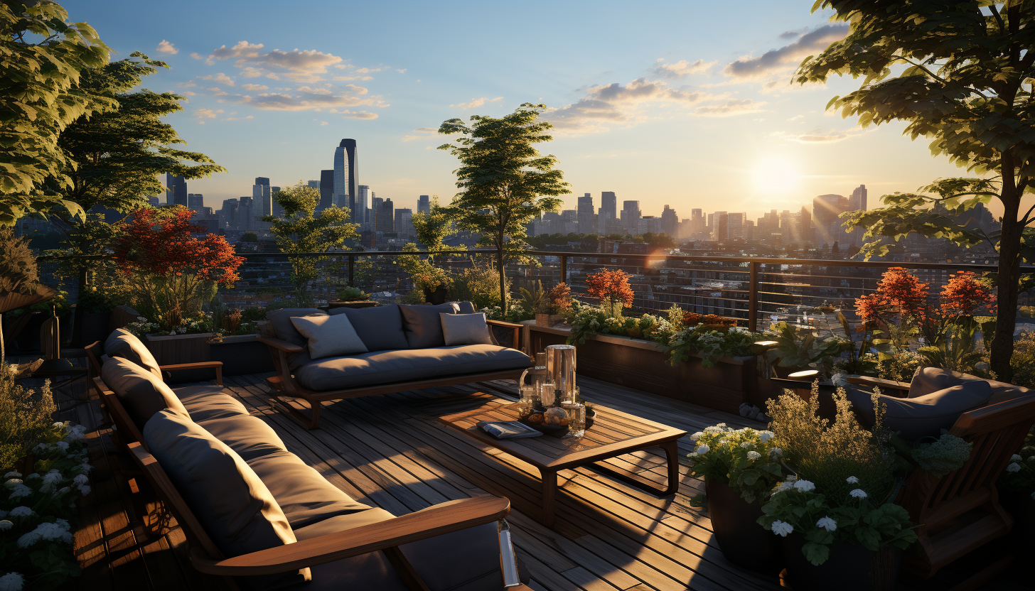 Lush rooftop garden in an urban setting, featuring a variety of plants, comfortable seating areas, and a panoramic view of the city skyline.