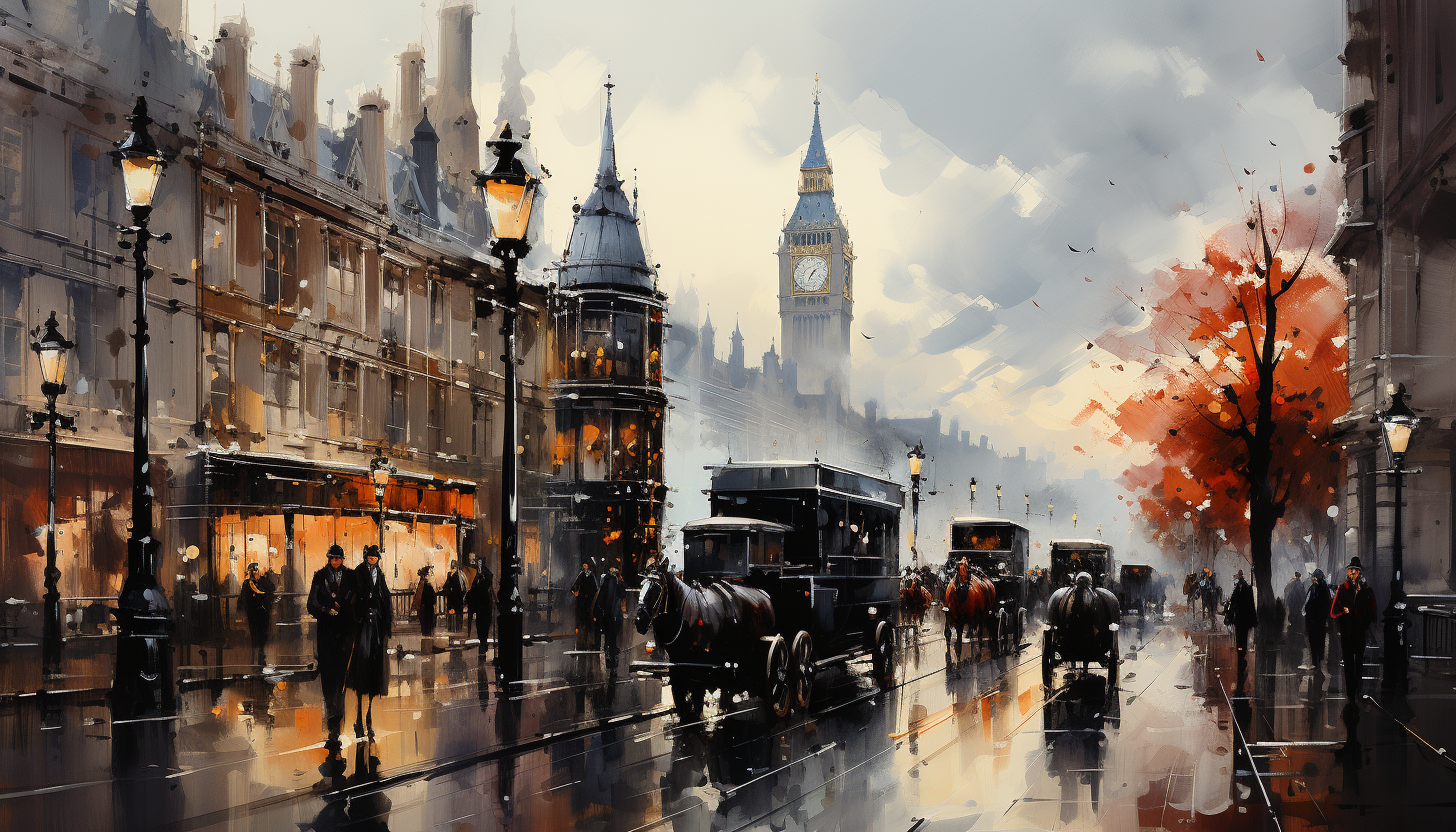 Victorian-era London street scene, with horse-drawn carriages, gas street lamps, gentlemen in top hats, and Gothic architecture.