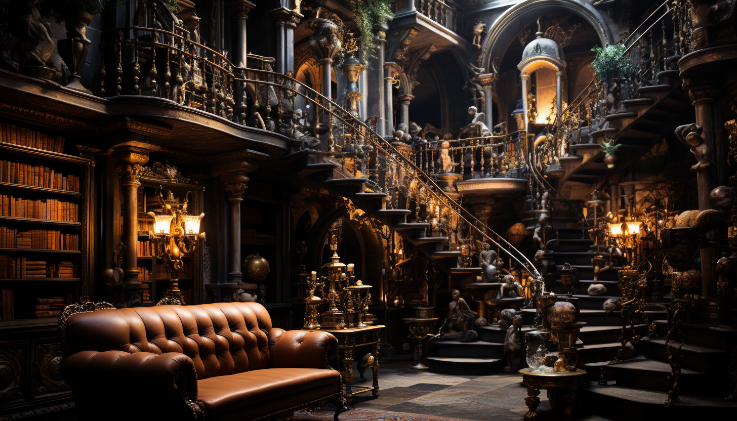 Ancient library with towering bookshelves, spiral staircases, secret passages, and a large globe in the center.