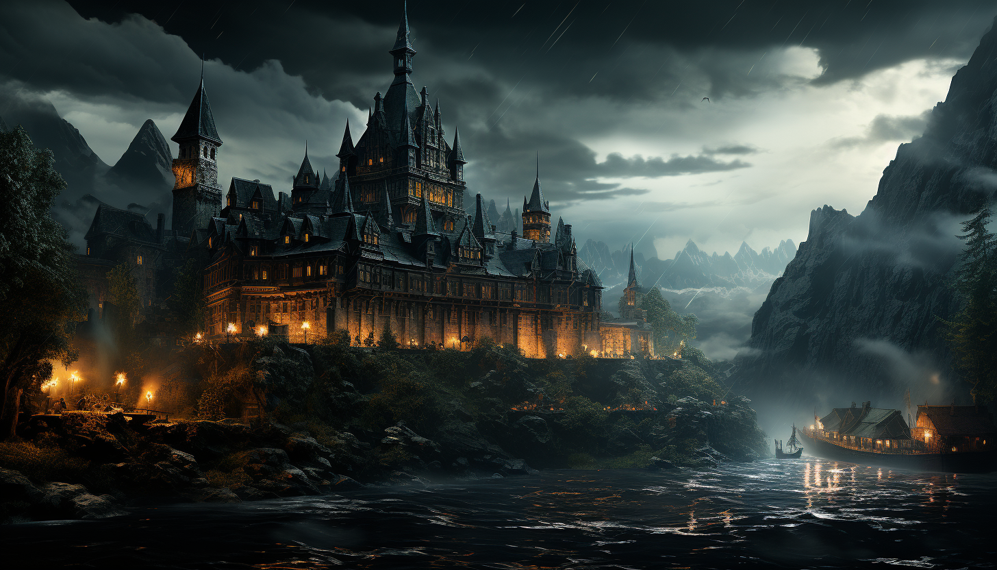 Medieval castle on a cliff during a thunderstorm, with lightning illuminating the towers, a moat, and knights on patrol.