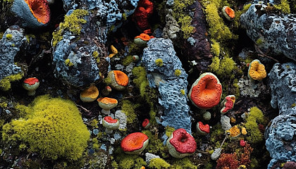 Brightly colored lichen growing on rocks in vibrant patterns.