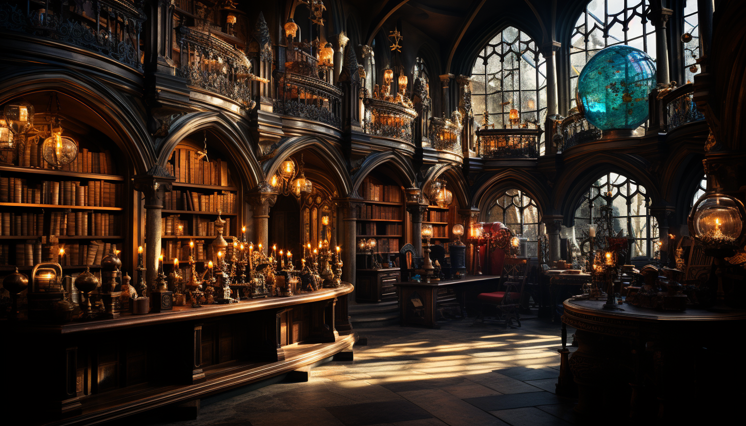 Grand library in a medieval castle, towering bookshelves, ancient tomes, a large globe, and stained glass windows casting colorful light.